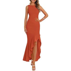 imagePRETTYGARDEN Womens Summer Bodycon Maxi Dress 2025 Sleeveless Ruffle Mermaid Cocktail Wedding Guest Formal Long DressesBrick Red