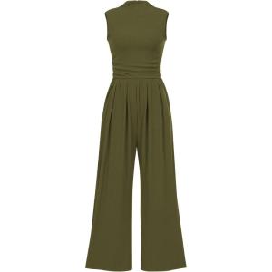 imagePRETTYGARDEN Womens Summer Jumpsuits Dressy Casual One Piece Outfits Sleeveless Mock Neck Wide Leg Pants Rompers with PocketsArmy Green