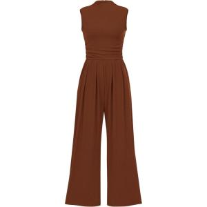 imagePRETTYGARDEN Womens Summer Jumpsuits Dressy Casual One Piece Outfits Sleeveless Mock Neck Wide Leg Pants Rompers with PocketsBrown