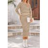 imagePRETTYGARDEN Womens 2 Piece Striped Sweater Set Casual Fall Long Sleeve Knit Pullover Midi Skirts Matching Travel OutfitsKhaki Stripe