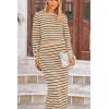 imagePRETTYGARDEN Womens 2 Piece Striped Sweater Set Casual Fall Long Sleeve Knit Pullover Midi Skirts Matching Travel OutfitsKhaki Stripe
