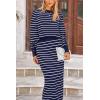 imagePRETTYGARDEN Womens 2 Piece Striped Sweater Set Casual Fall Long Sleeve Knit Pullover Midi Skirts Matching Travel OutfitsRoyal Blue White Stripe