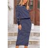 imagePRETTYGARDEN Womens 2 Piece Striped Sweater Set Casual Fall Long Sleeve Knit Pullover Midi Skirts Matching Travel OutfitsRoyal Blue White Stripe
