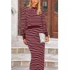 imagePRETTYGARDEN Womens 2 Piece Striped Sweater Set Casual Fall Long Sleeve Knit Pullover Midi Skirts Matching Travel OutfitsWine Red White Stripe