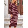 imagePRETTYGARDEN Womens 2 Piece Striped Sweater Set Casual Fall Long Sleeve Knit Pullover Midi Skirts Matching Travel OutfitsWine Red White Stripe