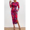 imagePRETTYGARDEN Womens Bodycon Maxi Dress Fall Spring Fashion Long Sleeve Floral Print Tight Fitted Party Club Ruched DressesNavy Red Big Floral