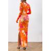 imagePRETTYGARDEN Womens Bodycon Maxi Dress Fall Spring Fashion Long Sleeve Floral Print Tight Fitted Party Club Ruched DressesOrange Rose Red