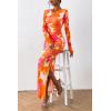 imagePRETTYGARDEN Womens Bodycon Maxi Dress Fall Spring Fashion Long Sleeve Floral Print Tight Fitted Party Club Ruched DressesOrange Rose Red