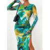 imagePRETTYGARDEN Womens Bodycon Maxi Dress Fall Spring Fashion Long Sleeve Floral Print Tight Fitted Party Club Ruched DressesPrint Green