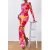 imagePRETTYGARDEN Womens Bodycon Maxi Dress Fall Spring Fashion Long Sleeve Floral Print Tight Fitted Party Club Ruched DressesRed Purple Floral