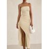 imagePRETTYGARDEN Womens Ruched Bodycon Dresses 2025 Summer Off Shoulder Asymmetrical High Split Elegant Cocktail Party DressApricot