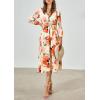 imagePRETTYGARDEN Womens Spring Floral Midi Dress Casual Fall V Neck Long Sleeve Flowy Beach Wedding Guest Vacation DressesOrange Watercolour