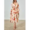 imagePRETTYGARDEN Womens Spring Floral Midi Dress Casual Fall V Neck Long Sleeve Flowy Beach Wedding Guest Vacation DressesOrange Watercolour