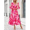 imagePRETTYGARDEN Womens Spring Floral Midi Dress Casual Fall V Neck Long Sleeve Flowy Beach Wedding Guest Vacation DressesRose Pink Watercolour