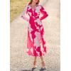 imagePRETTYGARDEN Womens Spring Floral Midi Dress Casual Fall V Neck Long Sleeve Flowy Beach Wedding Guest Vacation DressesRose Red Floral