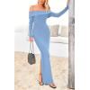 imagePRETTYGARDEN Womens Winter Sweater Dress Long Sleeve Off Shoulder Slit Maxi Bodycon Cocktail Party DressesLight Blue