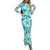 imagePRETTYGARDEN Womens Bodycon Maxi Dress Fall Spring Fashion Long Sleeve Floral Print Tight Fitted Party Club Ruched DressesPrint Blue