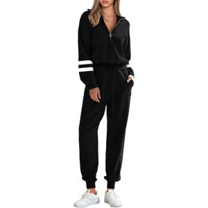 imagePRETTYGARDEN Womens 2 Piece Sweater Set Pullover Zip Up Sweatshirt Jogger Sweatpants Tracksuit Casual OutfitStriped Black