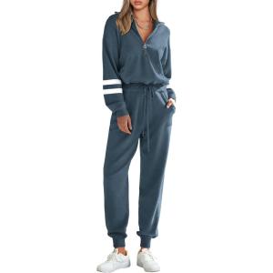 imagePRETTYGARDEN Womens 2 Piece Sweater Set Pullover Zip Up Sweatshirt Jogger Sweatpants Tracksuit Casual OutfitStriped Grey Blue