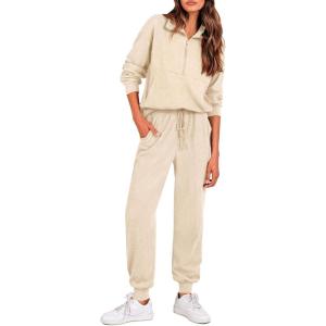 imagePRETTYGARDEN Womens 2 Piece Sweatsuits Set Long Sleeve Half Zip Pullover Sweatshirt Joggers Sweatpants Fall Outfits TracksuitApricot