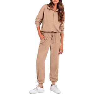 imagePRETTYGARDEN Womens 2 Piece Sweatsuits Set Long Sleeve Half Zip Pullover Sweatshirt Joggers Sweatpants Fall Outfits TracksuitKhaki