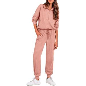 imagePRETTYGARDEN Womens 2 Piece Sweatsuits Set Long Sleeve Half Zip Pullover Sweatshirt Joggers Sweatpants Fall Outfits TracksuitPink