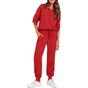 imagePRETTYGARDEN Womens 2 Piece Sweatsuits Set Long Sleeve Half Zip Pullover Sweatshirt Joggers Sweatpants Fall Outfits TracksuitRed