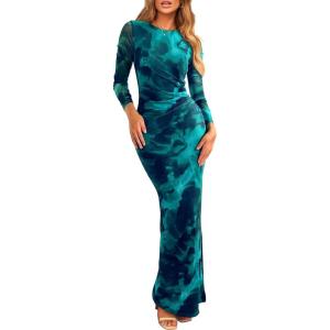 imagePRETTYGARDEN Womens Bodycon Maxi Dress Fall Spring Fashion Long Sleeve Floral Print Tight Fitted Party Club Ruched DressesPrint Lake Blue