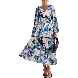 imagePRETTYGARDEN Womens Spring Floral Midi Dress Casual Fall V Neck Long Sleeve Flowy Beach Wedding Guest Vacation DressesBlack Blue Floral