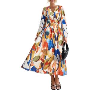 imagePRETTYGARDEN Womens Spring Floral Midi Dress Casual Fall V Neck Long Sleeve Flowy Beach Wedding Guest Vacation DressesBlue Watercolour