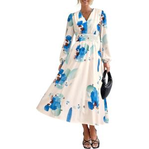 imagePRETTYGARDEN Womens Spring Floral Midi Dress Casual Fall V Neck Long Sleeve Flowy Beach Wedding Guest Vacation DressesBlue White Floral