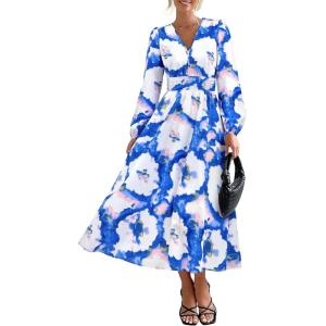 imagePRETTYGARDEN Womens Spring Floral Midi Dress Casual Fall V Neck Long Sleeve Flowy Beach Wedding Guest Vacation DressesBlue White Watercolour