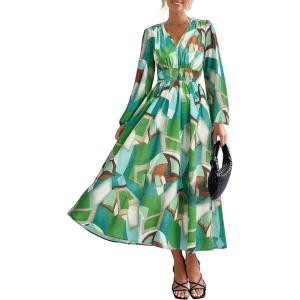 imagePRETTYGARDEN Womens Spring Floral Midi Dress Casual Fall V Neck Long Sleeve Flowy Beach Wedding Guest Vacation DressesGreen