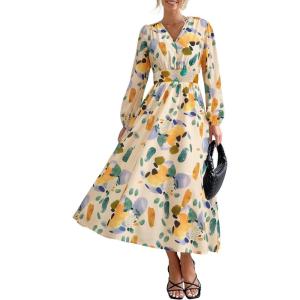 imagePRETTYGARDEN Womens Spring Floral Midi Dress Casual Fall V Neck Long Sleeve Flowy Beach Wedding Guest Vacation DressesGreen Floral