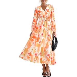 imagePRETTYGARDEN Womens Spring Floral Midi Dress Casual Fall V Neck Long Sleeve Flowy Beach Wedding Guest Vacation DressesOrange Floral
