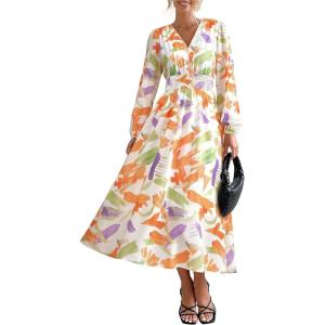 imagePRETTYGARDEN Womens Spring Floral Midi Dress Casual Fall V Neck Long Sleeve Flowy Beach Wedding Guest Vacation DressesOrange Purple Floral