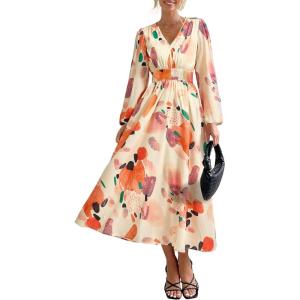 imagePRETTYGARDEN Womens Spring Floral Midi Dress Casual Fall V Neck Long Sleeve Flowy Beach Wedding Guest Vacation DressesOrange Watercolour