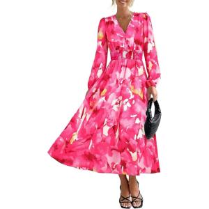 imagePRETTYGARDEN Womens Spring Floral Midi Dress Casual Fall V Neck Long Sleeve Flowy Beach Wedding Guest Vacation DressesRose Pink Watercolour