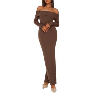 imagePRETTYGARDEN Womens Winter Sweater Dress Long Sleeve Off Shoulder Slit Maxi Bodycon Cocktail Party DressesDark Brown