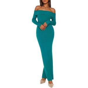 imagePRETTYGARDEN Womens Winter Sweater Dress Long Sleeve Off Shoulder Slit Maxi Bodycon Cocktail Party DressesDark Cyan