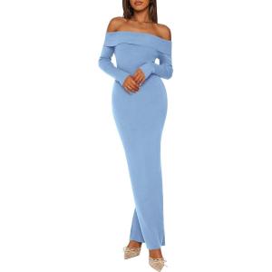 imagePRETTYGARDEN Womens Winter Sweater Dress Long Sleeve Off Shoulder Slit Maxi Bodycon Cocktail Party DressesLight Blue