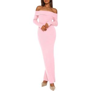 imagePRETTYGARDEN Womens Winter Sweater Dress Long Sleeve Off Shoulder Slit Maxi Bodycon Cocktail Party DressesLight Pink