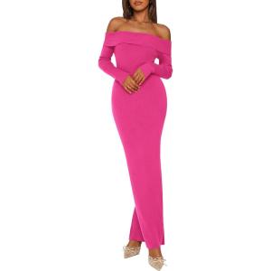imagePRETTYGARDEN Womens Winter Sweater Dress Long Sleeve Off Shoulder Slit Maxi Bodycon Cocktail Party DressesRose Red