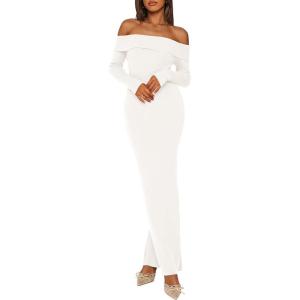 imagePRETTYGARDEN Womens Winter Sweater Dress Long Sleeve Off Shoulder Slit Maxi Bodycon Cocktail Party DressesWhite
