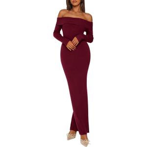 imagePRETTYGARDEN Womens Winter Sweater Dress Long Sleeve Off Shoulder Slit Maxi Bodycon Cocktail Party DressesWine Red
