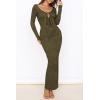 imagePRETTYGARDEN Cocktail Dresses for Women 2024 Fall Long Sleeve Tie Front Cut Out Bodycon Sexy Club Party Maxi DressArmy Green