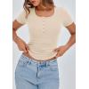 imagePRETTYGARDEN Womens 2025 Spring Summer Short Sleeve Tops Ribbed Henley Button Slim Fit Basic Casual T Shirts Blouse ClothingBeige