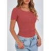 imagePRETTYGARDEN Womens 2025 Spring Summer Short Sleeve Tops Ribbed Henley Button Slim Fit Basic Casual T Shirts Blouse ClothingCoral Red