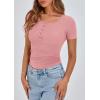imagePRETTYGARDEN Womens 2025 Spring Summer Short Sleeve Tops Ribbed Henley Button Slim Fit Basic Casual T Shirts Blouse ClothingPink