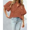 imagePRETTYGARDEN Womens Summer Tops 2025 Dressy Casual Short Sleeve V Neck Buttons Hollow Out Lace Embroidered Blouses ShirtsBrick Red
